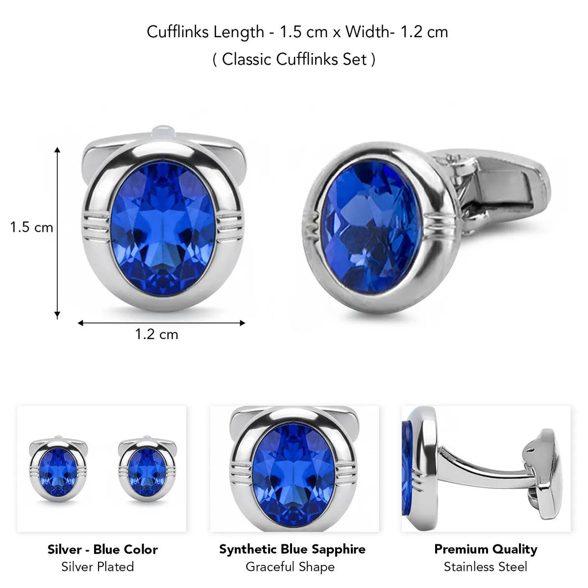 Peora Mens Silver Blue Sapphire Stone Cufflinks