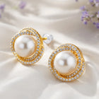 Peora Pearl Halo CZ Stud Gold Earrings