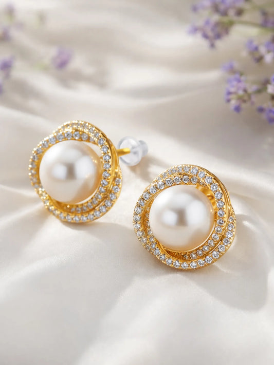 Peora Pearl Halo CZ Stud Gold Earrings
