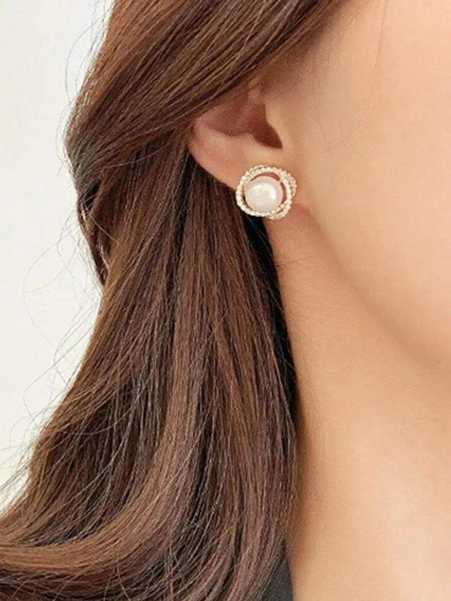 Peora Pearl Halo CZ Stud Gold Earrings