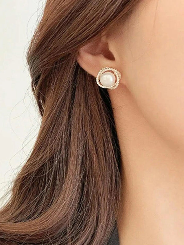 Peora Pearl Halo CZ Stud Gold Earrings