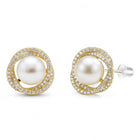 Peora Pearl Halo CZ Stud Gold Earrings