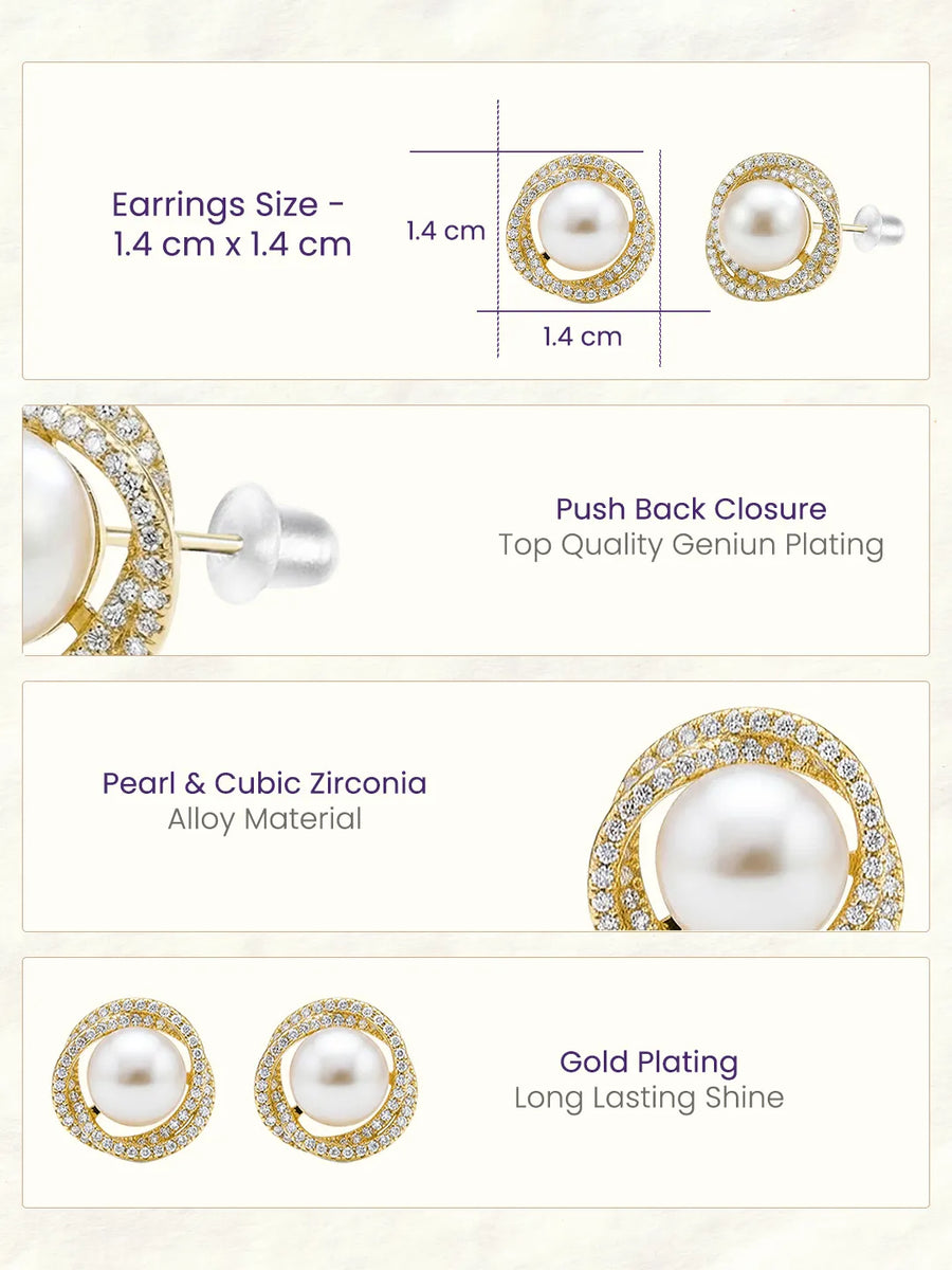 Peora Pearl Halo CZ Stud Gold Earrings