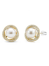 Peora Pearl Halo CZ Stud Gold Earrings