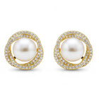 Peora Pearl Halo CZ Stud Gold Earrings