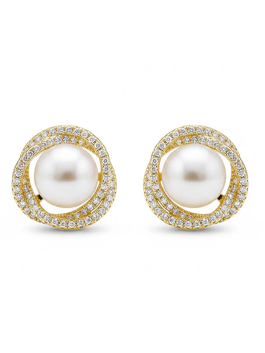 Peora Pearl Halo CZ Stud Gold Earrings