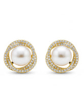 Peora Pearl Halo CZ Stud Gold Earrings