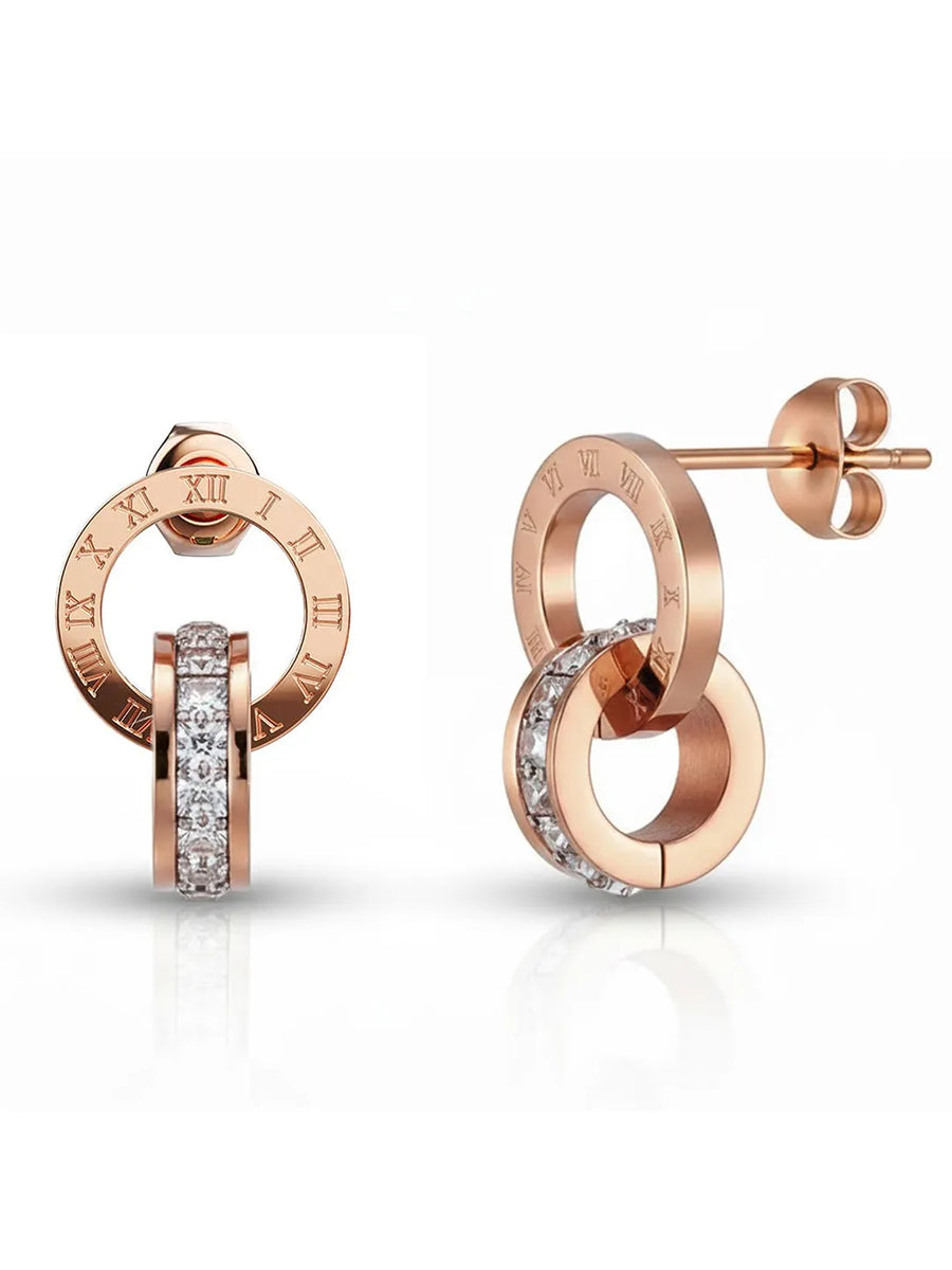Peora Rose Gold Roman Numeral Double Circle Studs
