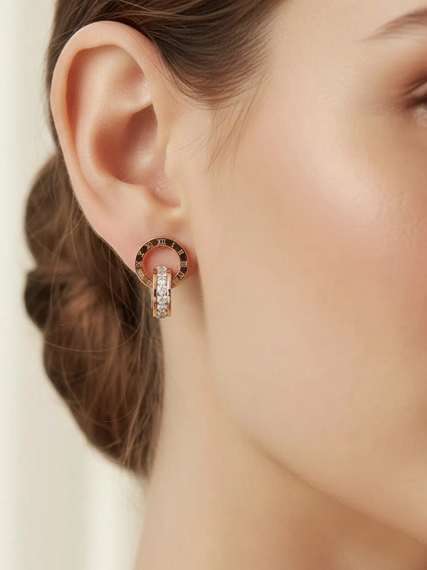 Peora Rose Gold Roman Numeral Double Circle Studs