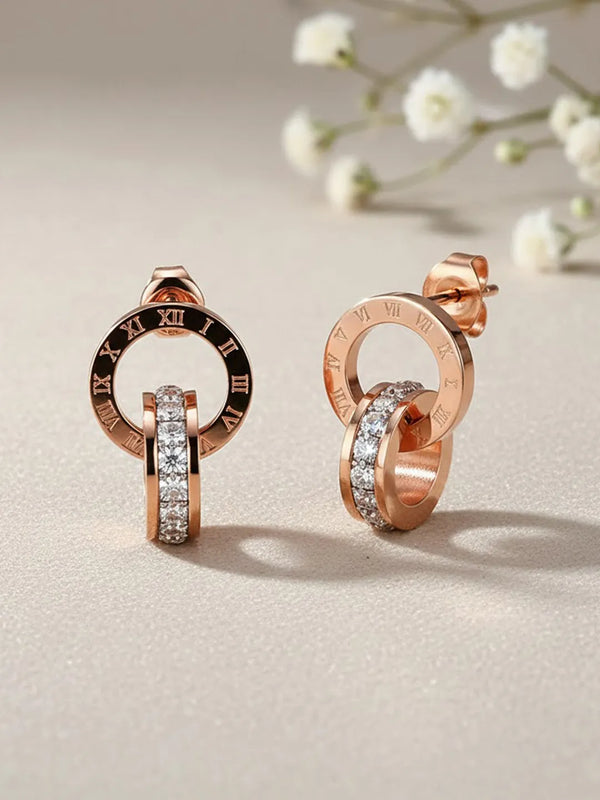 Peora Rose Gold Roman Numeral Double Circle Studs