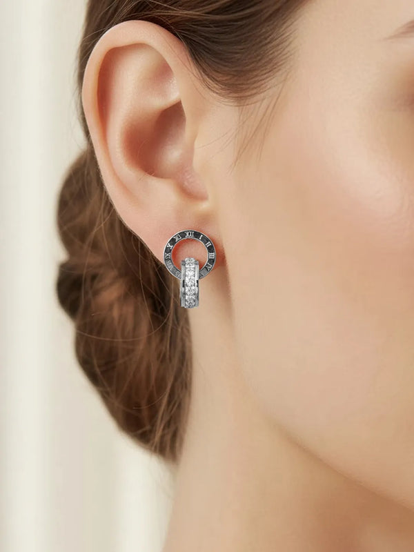 Peora Silver Roman Numeral Double Circle CZ Studs