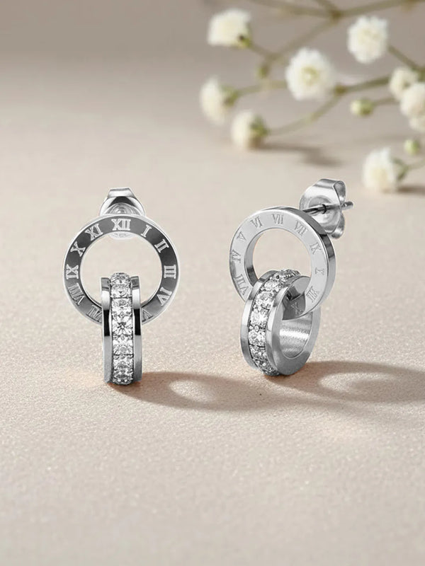 Peora Silver Roman Numeral Double Circle CZ Studs