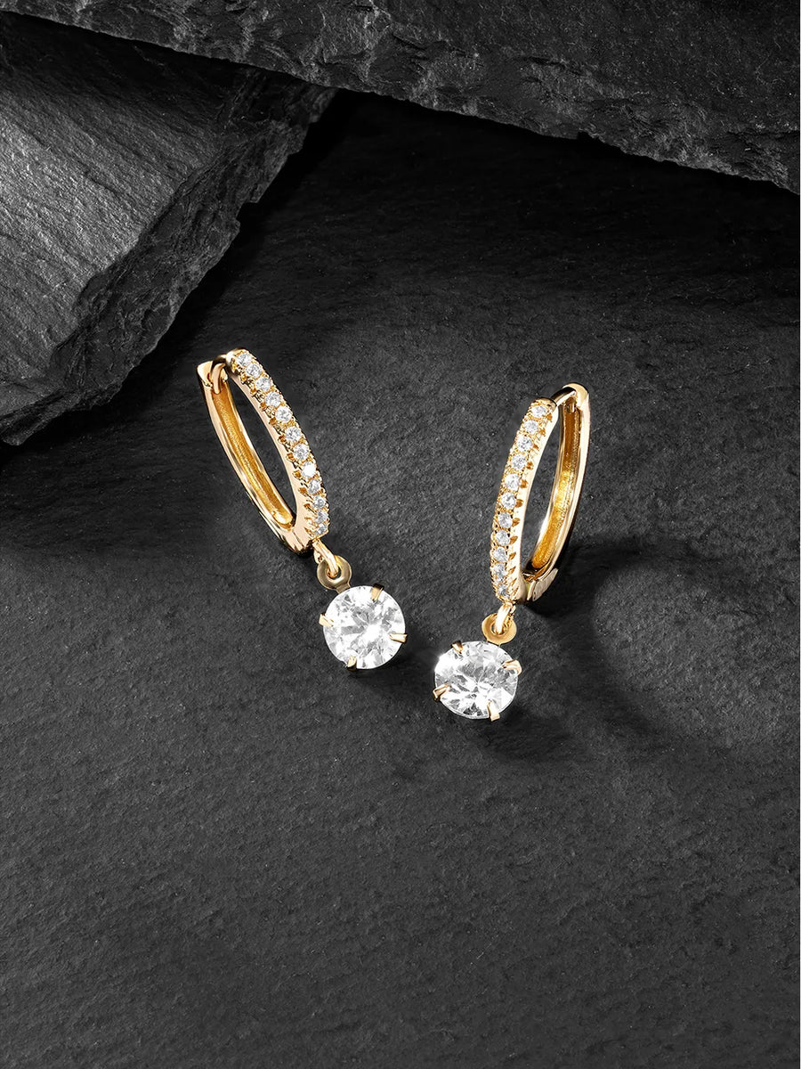 Classic Solitaire Drop Gold Hoop Earrings