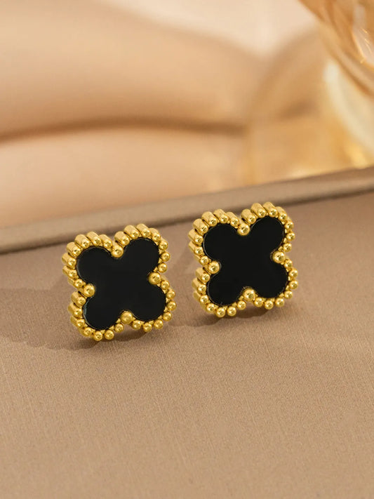 Delicate Clover Shaped Stud Earrings - Black