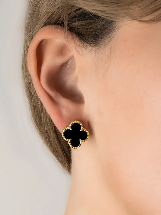 Delicate Clover Shaped Stud Earrings - Black