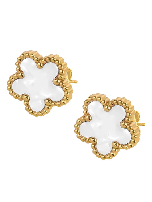 Delicate Clover Shaped Stud Earrings - Gold-White