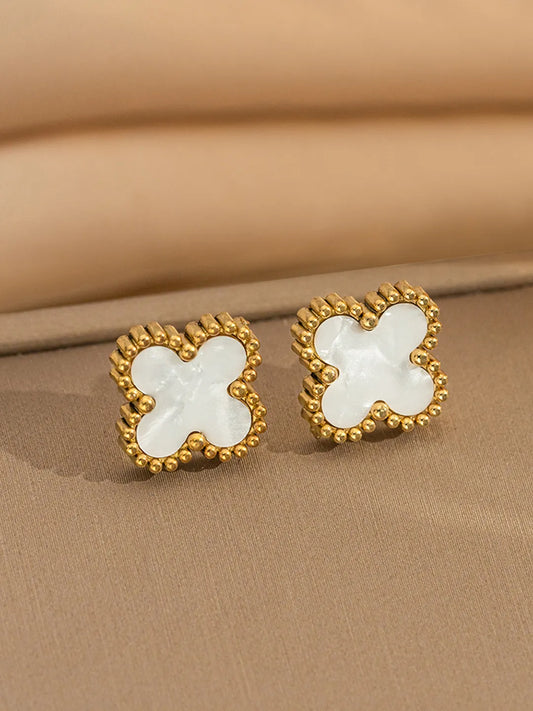 Delicate Clover Shaped Stud Earrings - Gold-White