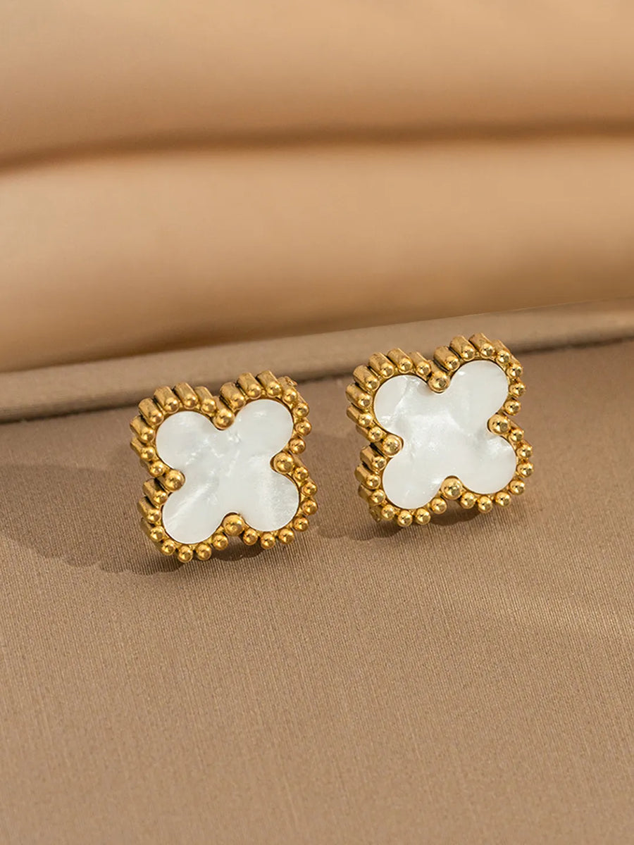 Delicate Clover Shaped Stud Earrings - Gold-White