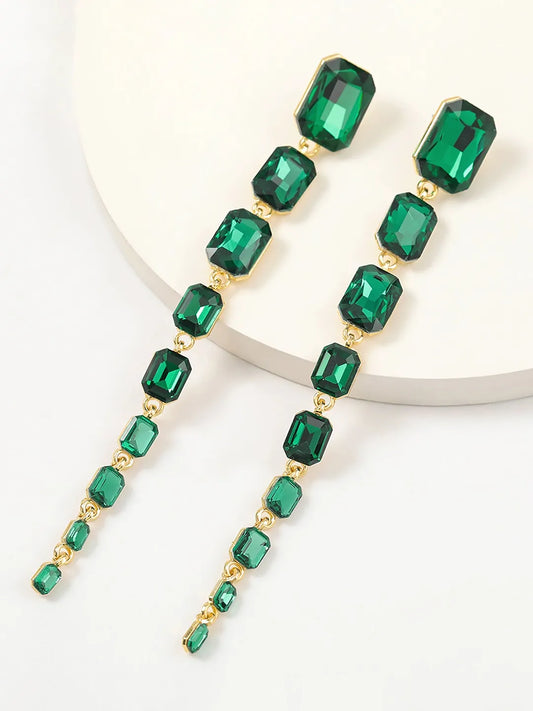 Cascading Crystal Regal Earrings - Green