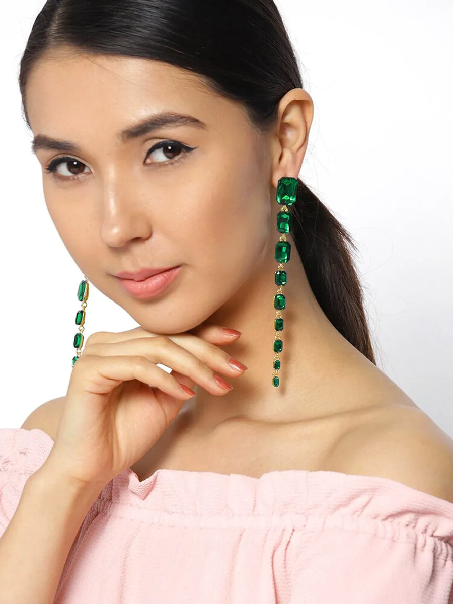 Cascading Crystal Regal Earrings - Green