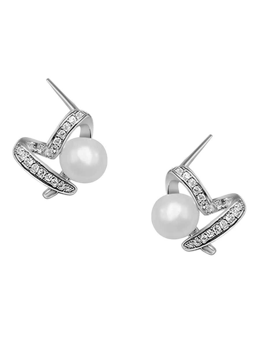 Elegant Pearl and CZ Swirl Earrings