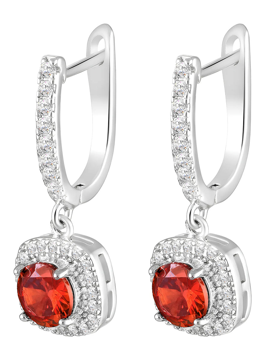 Peora Silver Halo Red Ruby Drop Earrings
