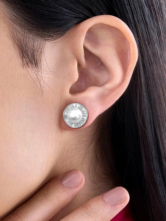 Classic Baguette Pearl Studs Earrings