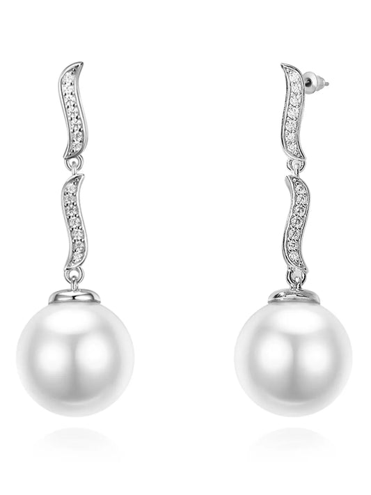 Graceful Curved  CZ & Pearl Earrings