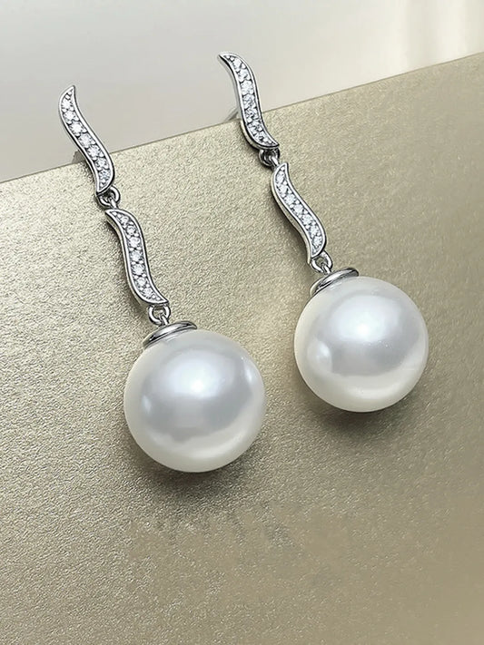 Graceful Curved  CZ & Pearl Earrings