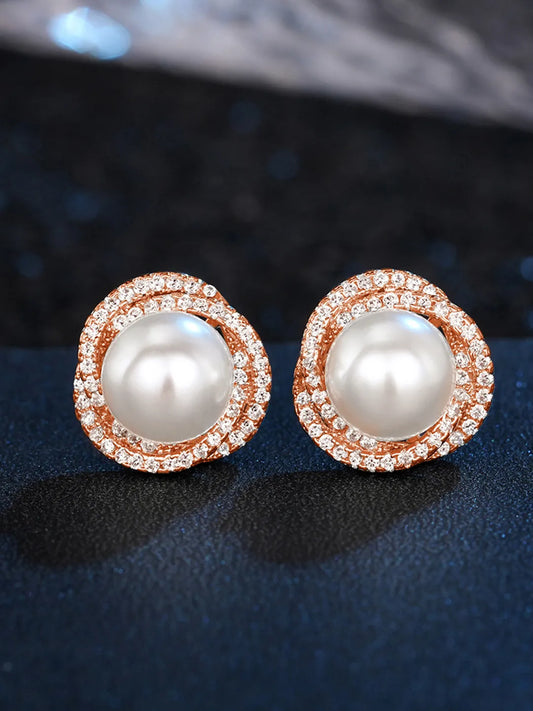 Pearl and CZ Harmony Stud Earrings - Rose Gold -White