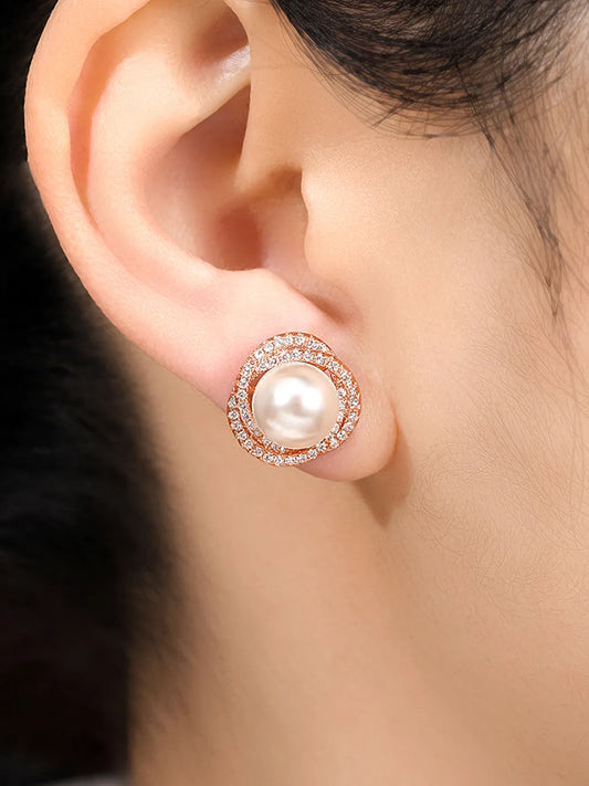 Pearl and CZ Harmony Stud Earrings - Rose Gold -White