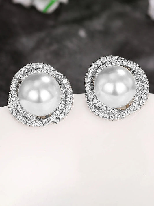 Pearl and CZ Harmony Stud Earrings - Silver-White