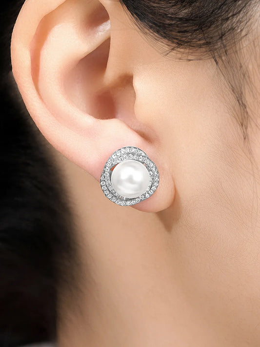 Pearl and CZ Harmony Stud Earrings - Silver-White