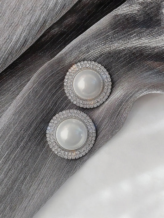 CZ Studded Round Pearl Stud Earrings