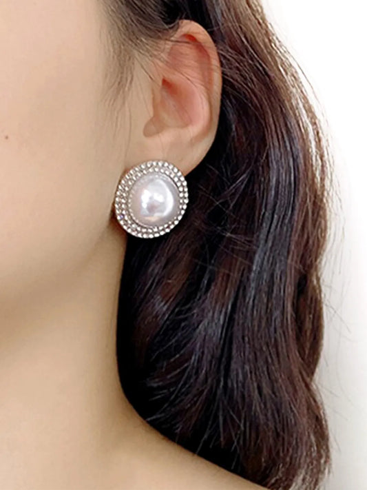 CZ Studded Round Pearl Stud Earrings