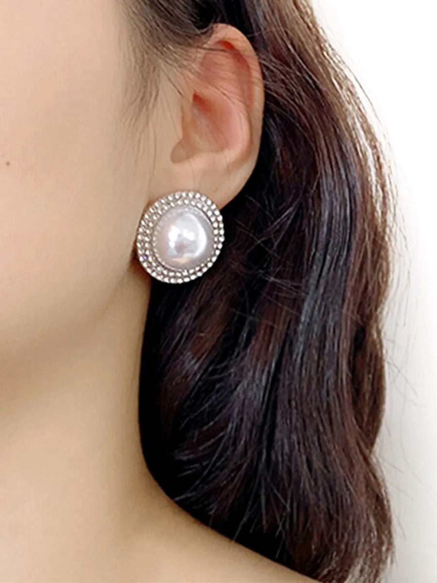 CZ Studded Round Pearl Stud Earrings