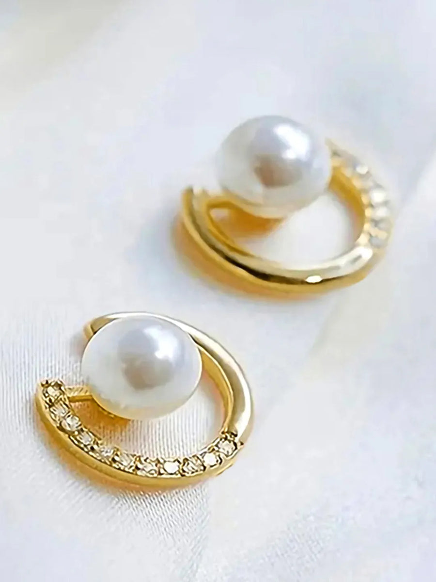 Modern Pearl & Crystal Curve Earrings - Gold