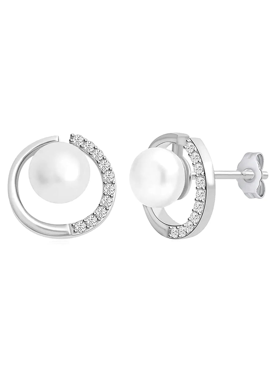 Modern Pearl & Crystal Curve Earrings - Silver