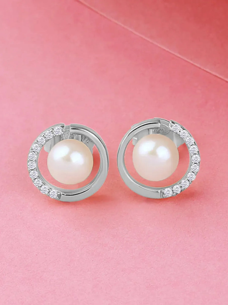 Modern Pearl & Crystal Curve Earrings - Silver