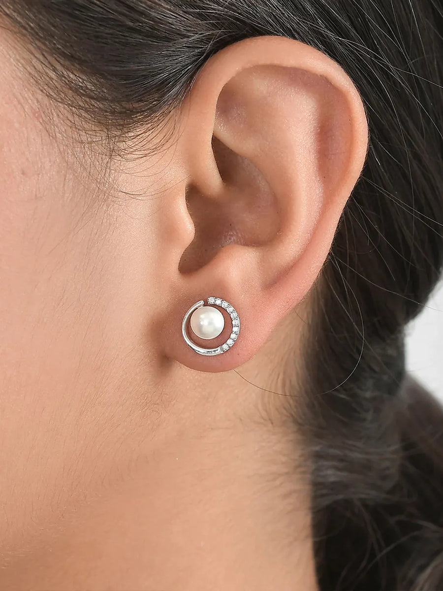 Modern Pearl & Crystal Curve Earrings - Silver