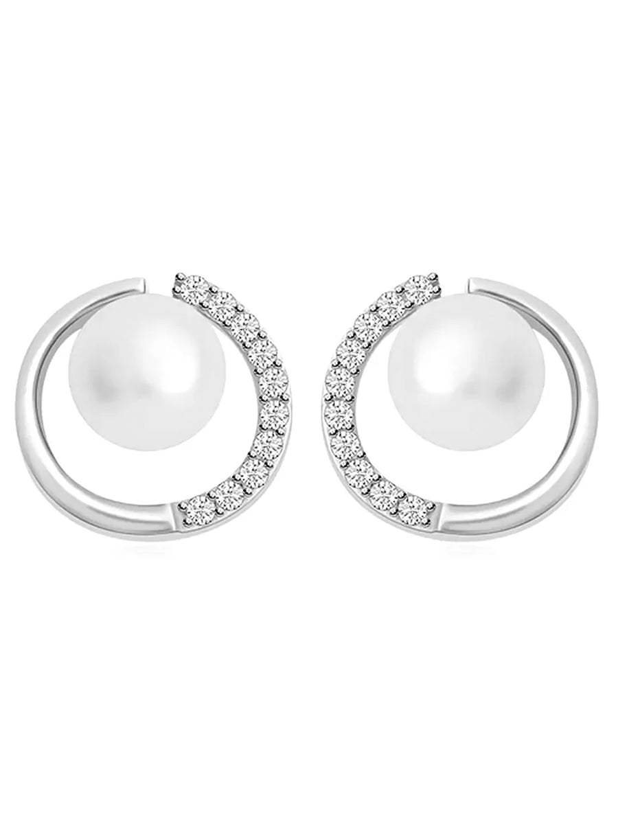Modern Pearl & Crystal Curve Earrings - Silver