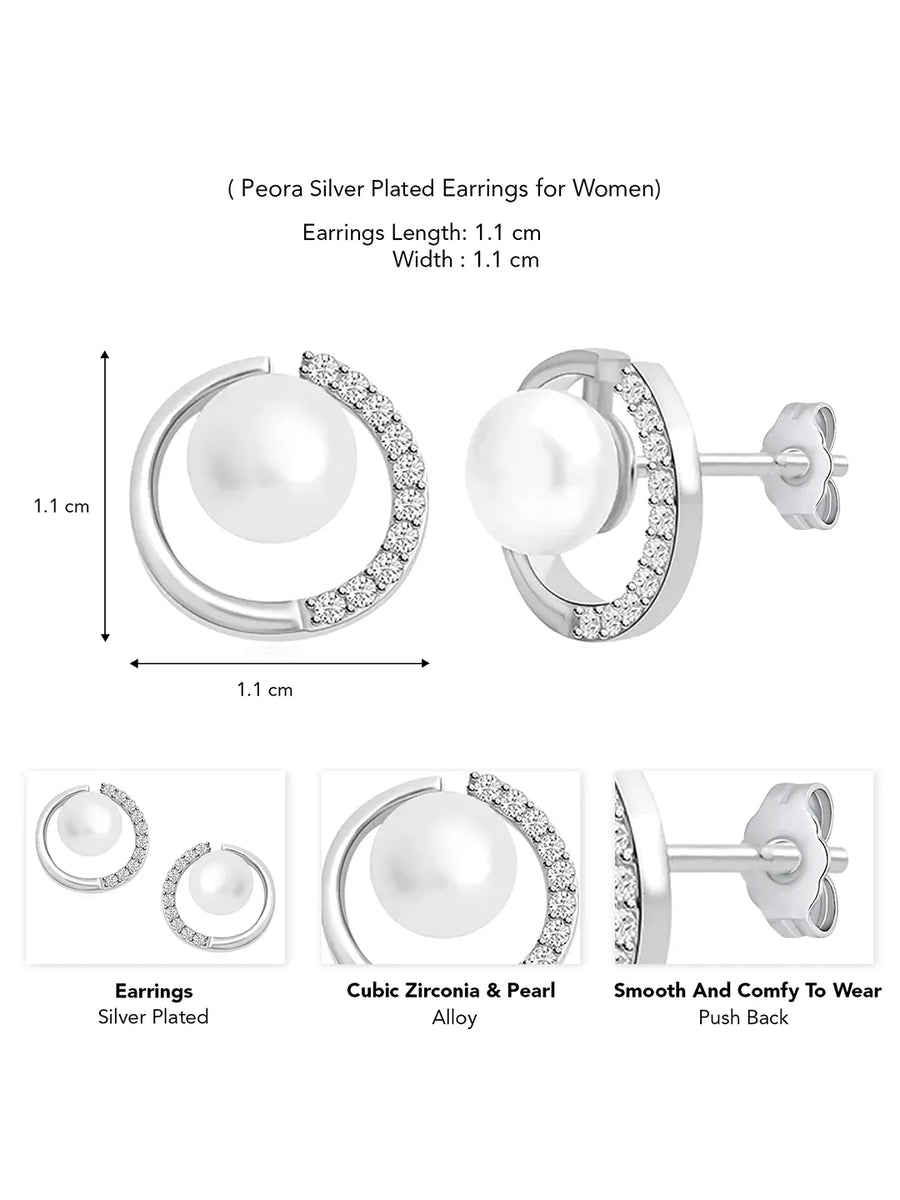 Modern Pearl & Crystal Curve Earrings - Silver