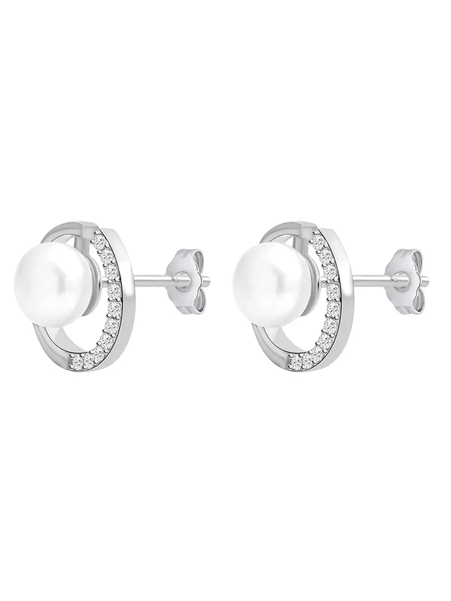 Modern Pearl & Crystal Curve Earrings - Silver