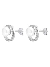 Modern Pearl & Crystal Curve Earrings - Silver