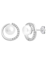Modern Pearl & Crystal Curve Earrings - Silver