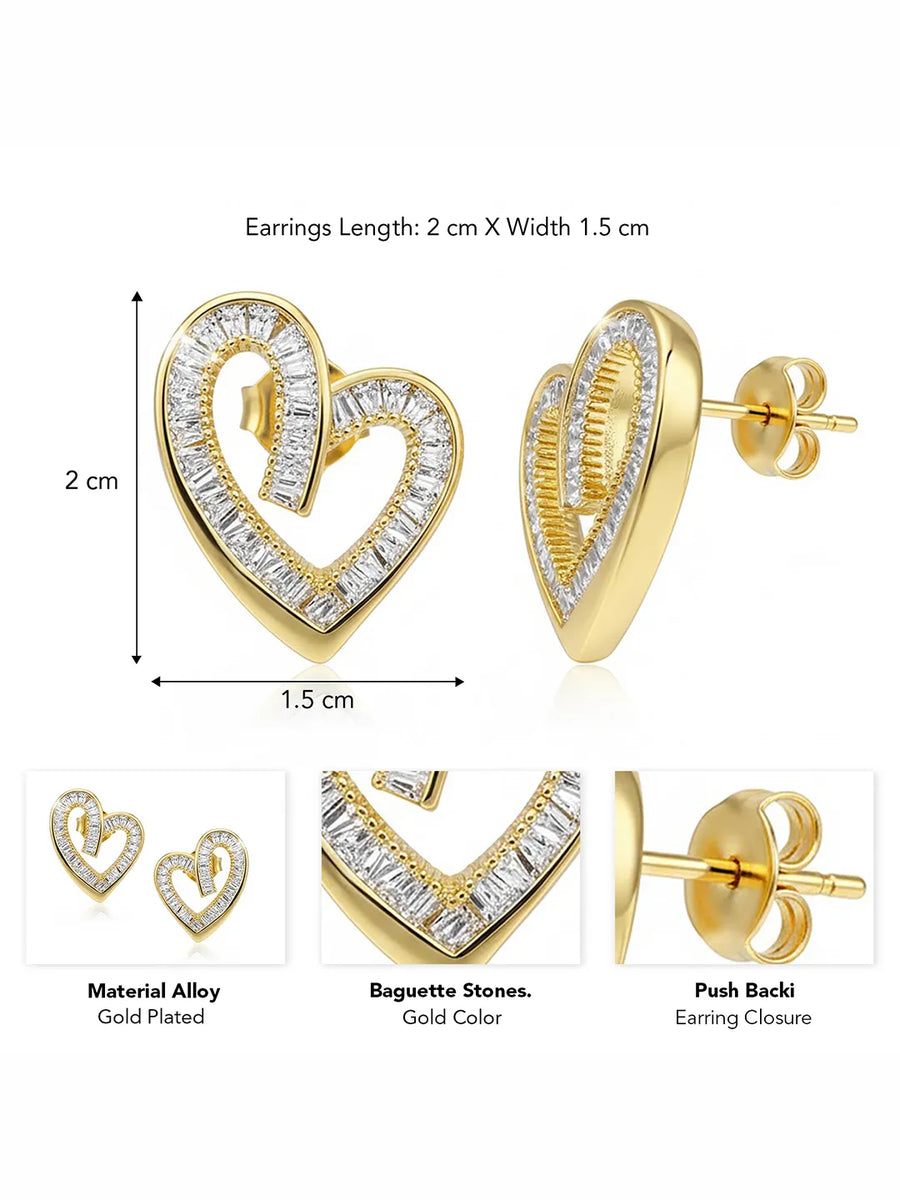 Peora Baguette Stone Heart Shape Earrings