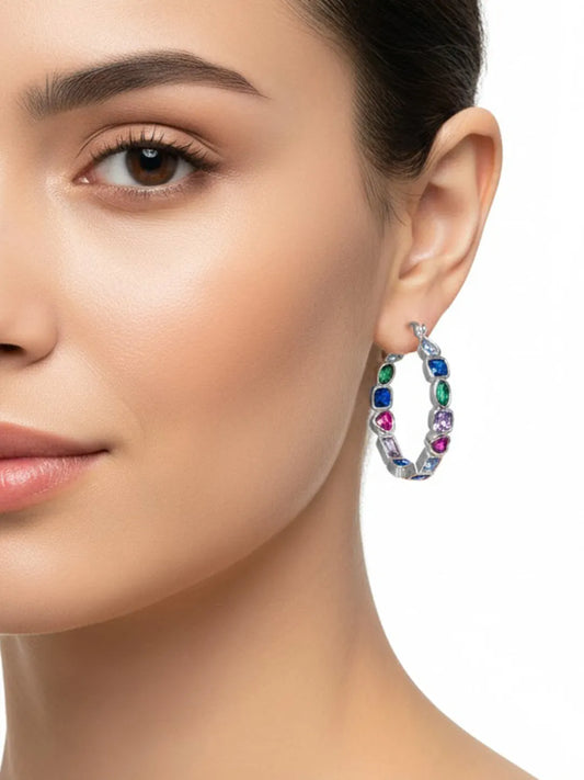 Peora Rainbow CZ Bezel Set Silver Hoop Earrings