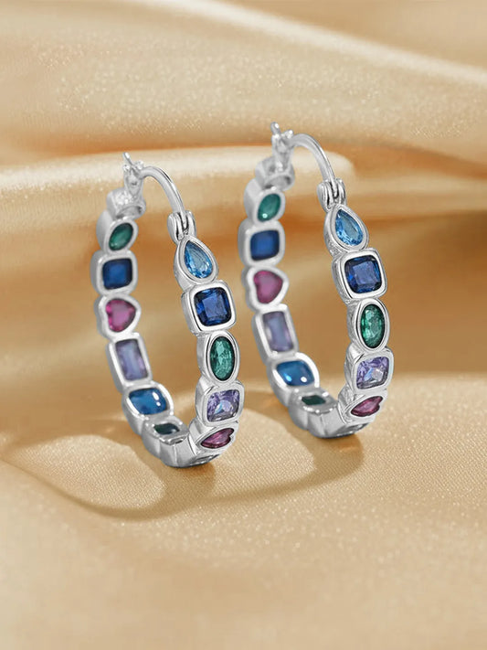 Peora Rainbow CZ Bezel Set Silver Hoop Earrings
