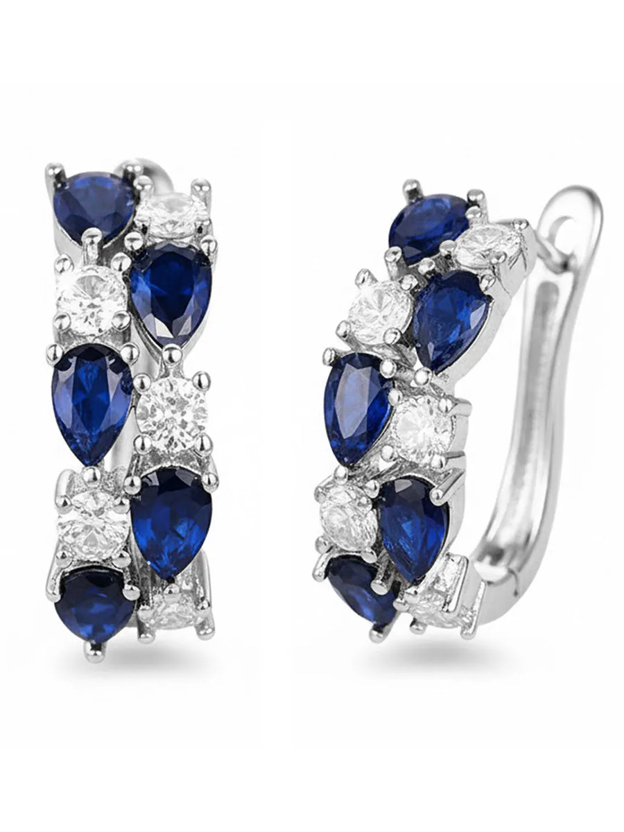 Peora Silver CZ Studded Blue Hoop Earrings