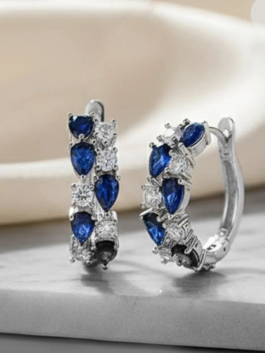 Peora Silver CZ Studded Blue Hoop Earrings